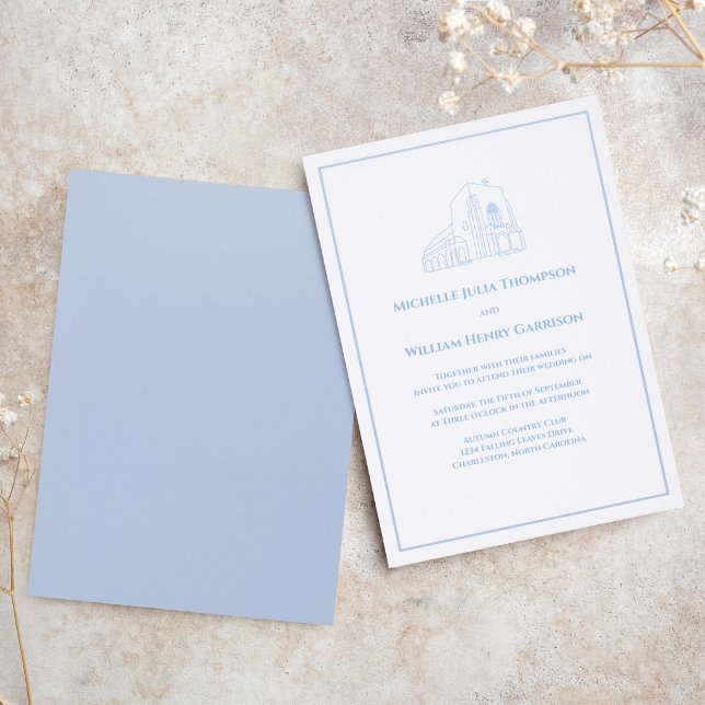 Elegant Classic Blue Wedding Sketch Invitation (Elegant dusty blue church wedding invitation with envelope, minimalist border design)