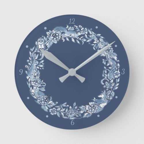 Elegant Classic Blue  White Animal Wreath Delft Round Clock
