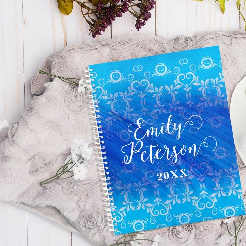 Elegant Classic Blue White Damask Pattern Yearly  Planner