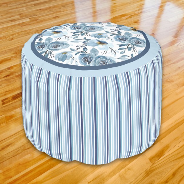 Elegant Classic Blue White Rose Floral Striped Pouf (Creator Uploaded)