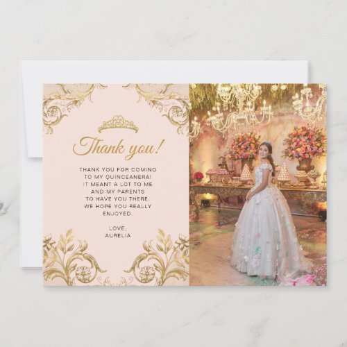 Elegant Classic Blush Pink Gold Photo Quinceaera Thank You Card