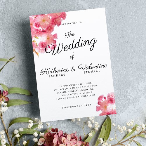 Elegant classic botanical pink floral wedding invitation