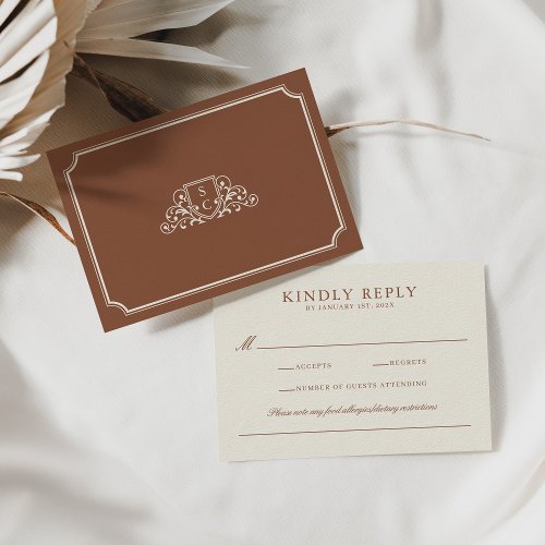 Elegant Classic Brown  Ecru Wedding Monogram RSVP Card