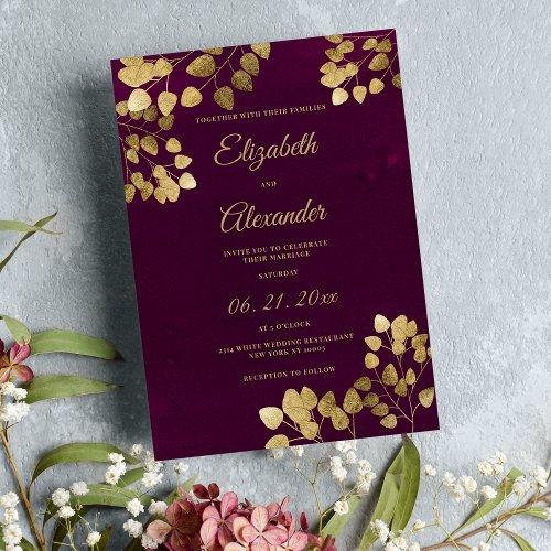 Elegant classic burgundy gold eucalyptus wedding invitation