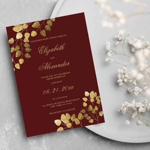 Elegant classic burgundy gold eucalyptus wedding invitation