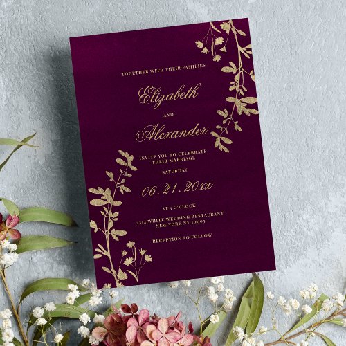  Elegant classic burgundy gold floral wedding  Invitation