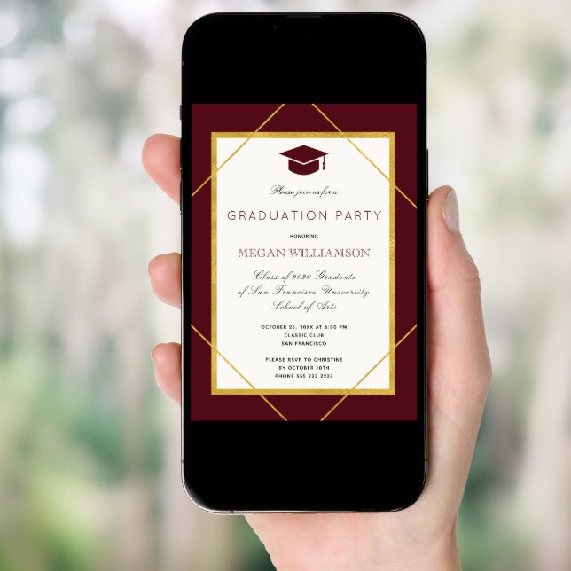 Elegant classic burgundy gold graduation party invitation (Front Digital)