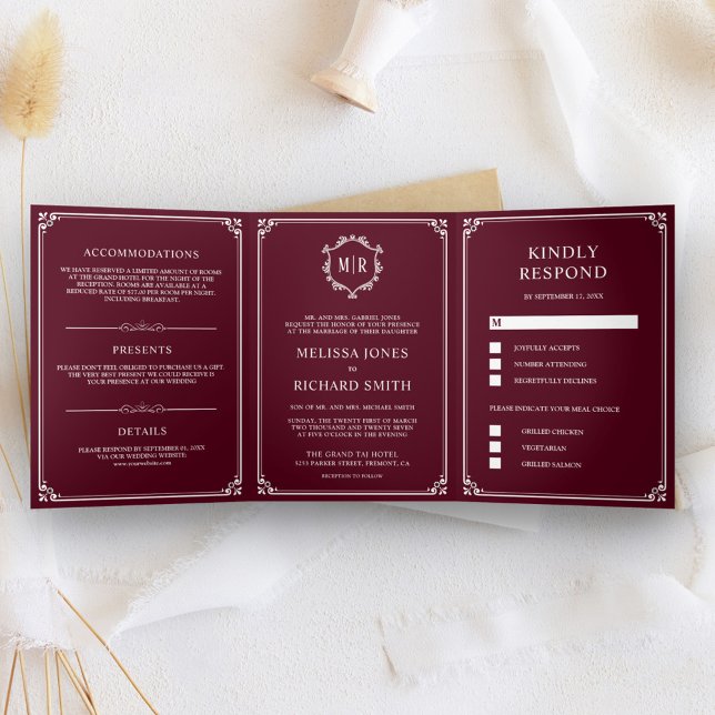 Elegant Classic Burgundy Monogram Wedding Tri-Fold Invitation (Creator Uploaded)