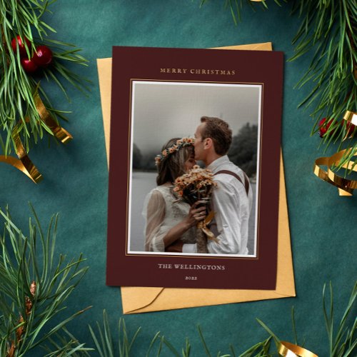 Elegant Classic Burgundy Red Photo Frame Christmas Foil Holiday Card