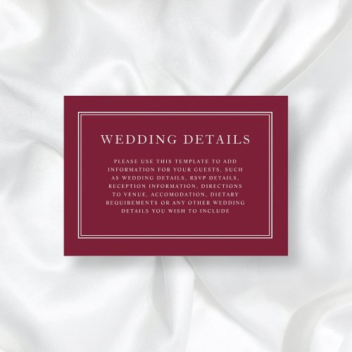 Elegant Classic Burgundy Red Wedding Details Enclosure Card