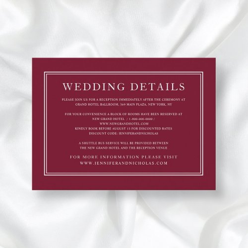 Elegant Classic Burgundy Red Wedding Details Enclosure Card