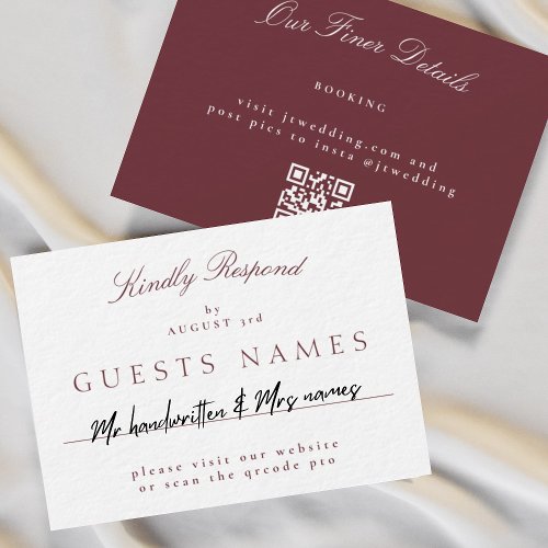 Elegant Classic Burgundy Wedding QR CODE RSVP Note Card