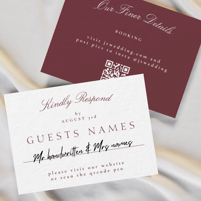 Elegant Classic Burgundy Wedding QR CODE RSVP Note Card (Creator Uploaded)
