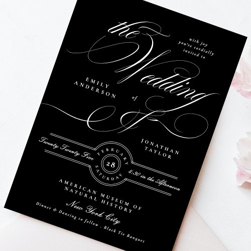 Elegant Classic Calligraphy  Black Tie Wedding Invitation