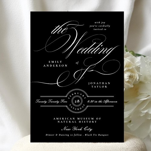 Elegant Classic Calligraphy  Black Tie Wedding Invitation