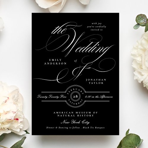 Elegant Classic Calligraphy  Black Tie Wedding Invitation