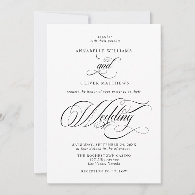 Elegant Classic Calligraphy Black & White Wedding  Invitation (Front)