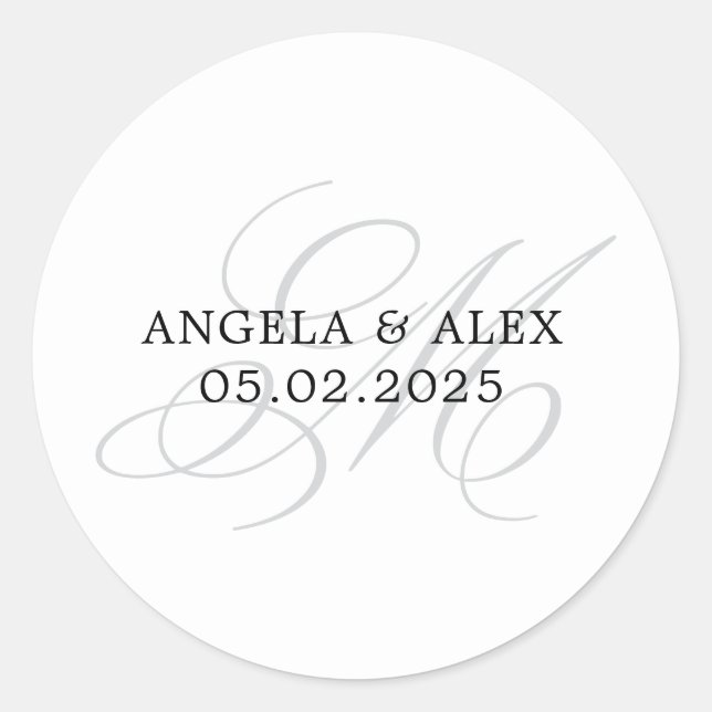 Elegant Classic Calligraphy M Monogram Wedding Round Sticker (Front)