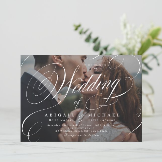 Elegant classic calligraphy photo wedding  invitat invitation (Standing Front)