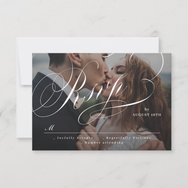Elegant classic calligraphy photo wedding RSVP car (Front)
