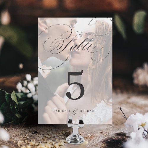 Elegant classic calligraphy photo wedding table nu table number