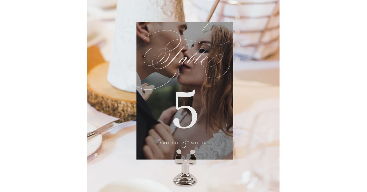 Elegant classic calligraphy photo wedding table number | Zazzle