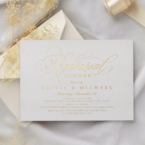 Elegant classic calligraphy rehearsal dinner foil invitation