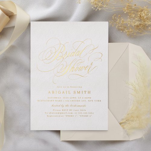 Elegant classic calligraphy vintage Bridal Shower Foil Invitation