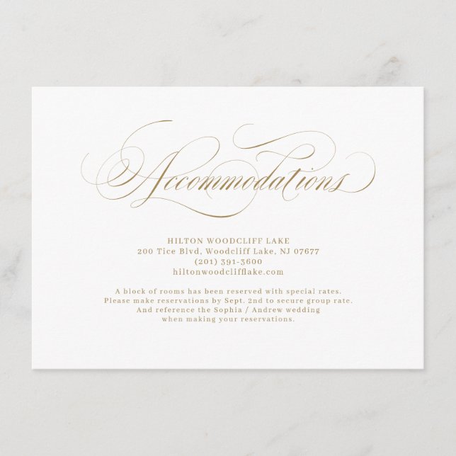 Elegant classic calligraphy wedding accommodations enclosure card (Front)