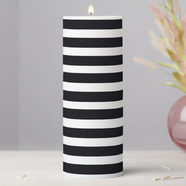 Elegant Classic Chic Black And White Striped Pillar Candle (In Situ)