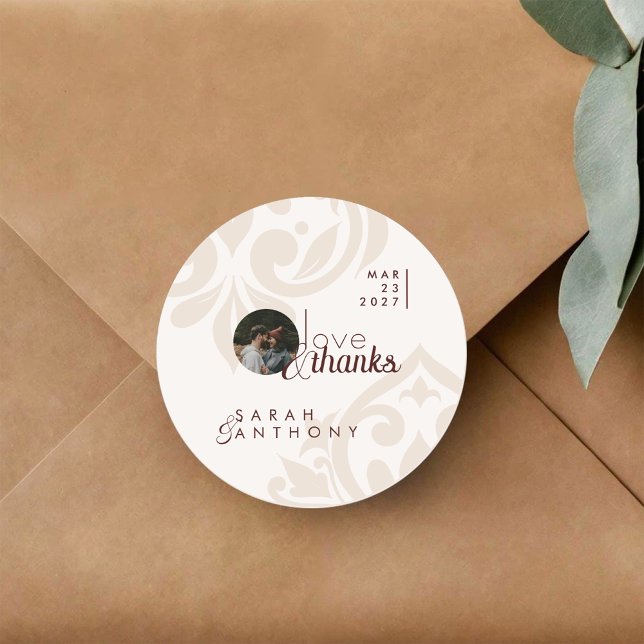 Elegant Classic Chic Burgundy Cream Photo Wedding Round Sticker (Creator Uploaded)