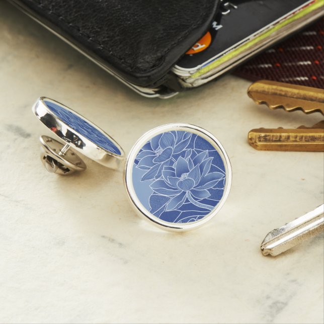 Elegant Classic Chinoiserie Blue Lotus Floral Lapel Pin (In Situ)