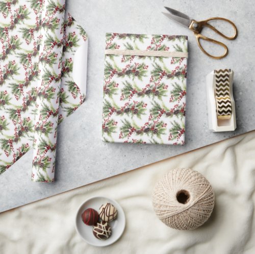 Elegant classic Christmas greenery and holly berry Wrapping Paper