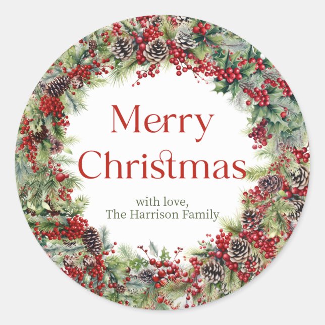 Elegant classic Christmas greenery holly berries Round Sticker (Front)