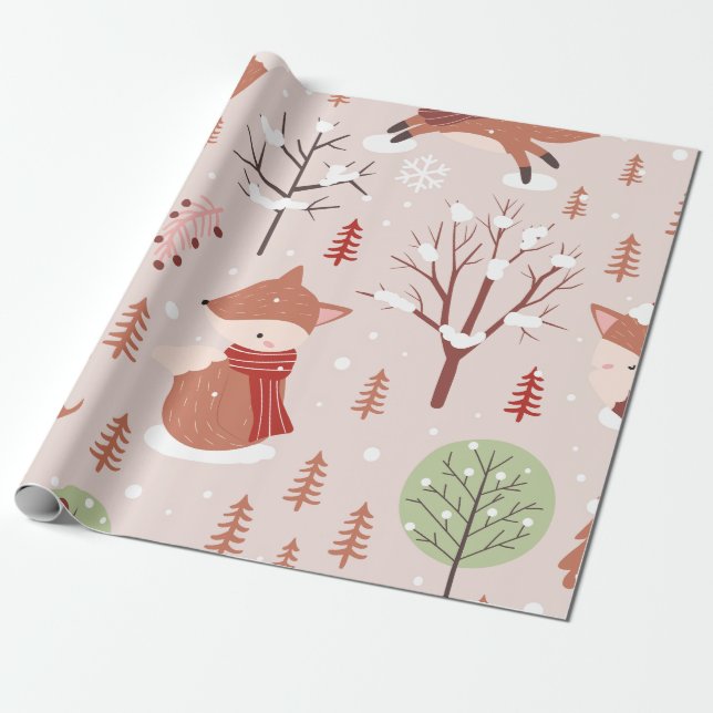 Elegant Classic Christmas Tree Fox Pattern  Wrapping Paper (Unrolled)
