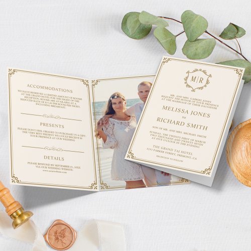 Elegant Classic Cream and Gold Monogram Wedding Invitation