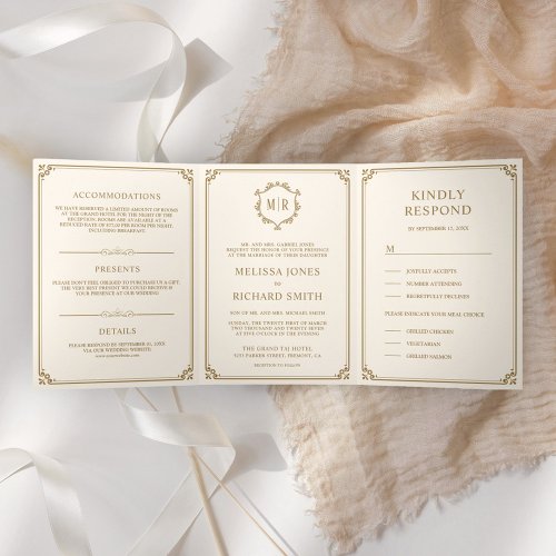 Elegant Classic Cream and Gold Monogram Wedding Tri_Fold Invitation