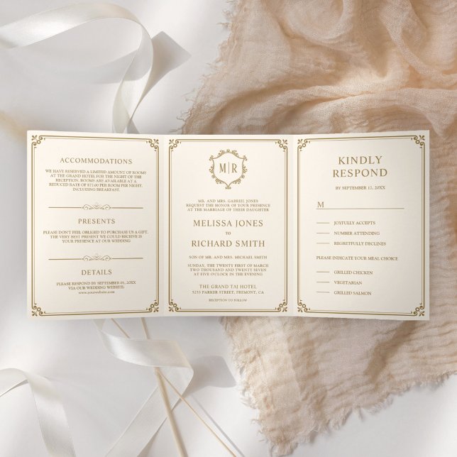 Elegant Classic Cream and Gold Monogram Wedding Tri-Fold Invitation (Creator Uploaded)