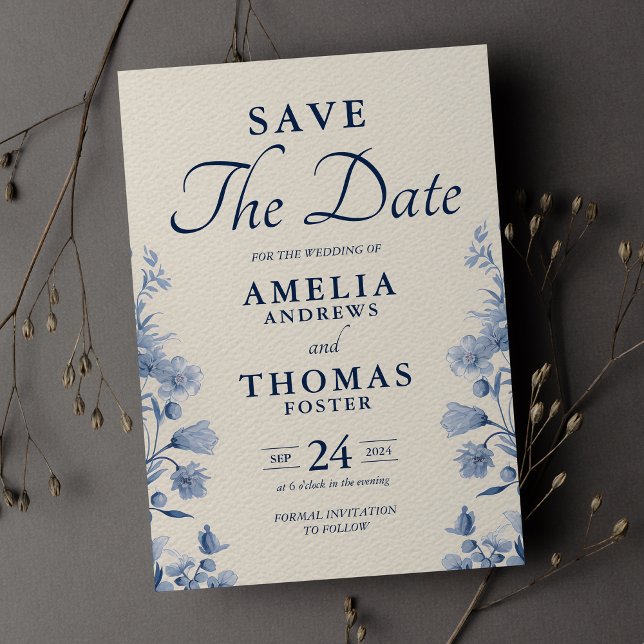 Elegant Classic Cream & French Blue Floral Wedding Save The Date (Creator Uploaded)