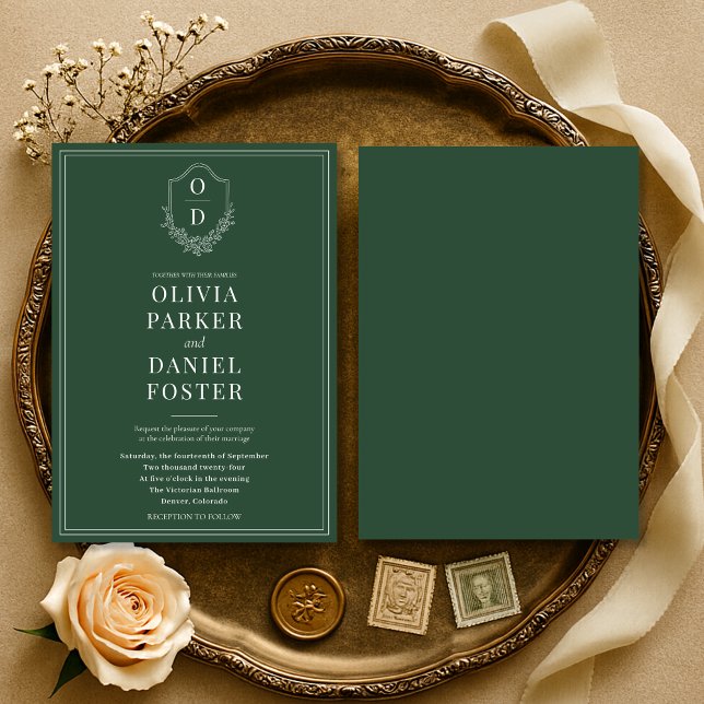 Elegant Classic Crest Emerald Green Wedding Invitation (Creator Uploaded)