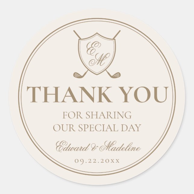 Elegant Classic Crest Monogram Golf Wedding Classic Round Sticker (Front)