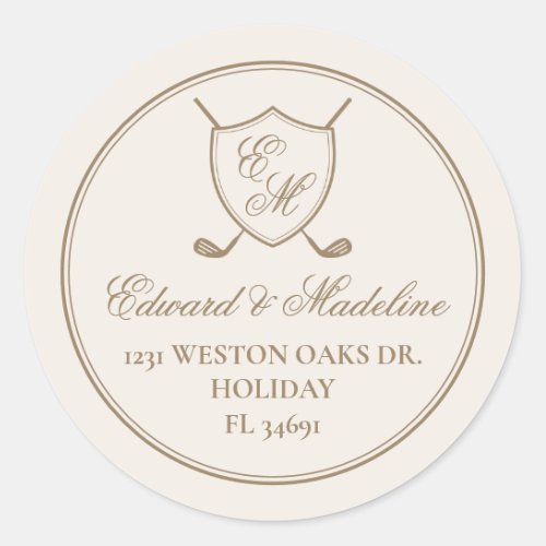 Elegant Classic Crest Monogram Golf Wedding Classic Round Sticker