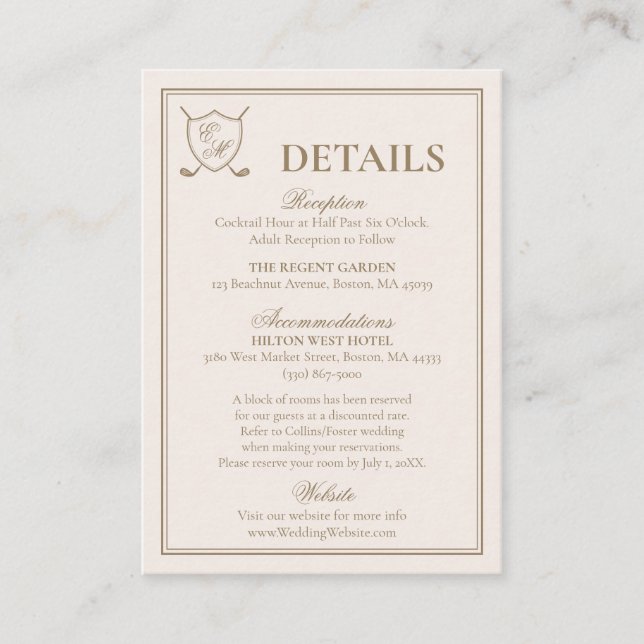 Elegant Classic Crest Monogram Golf Wedding Enclosure Card (Front)