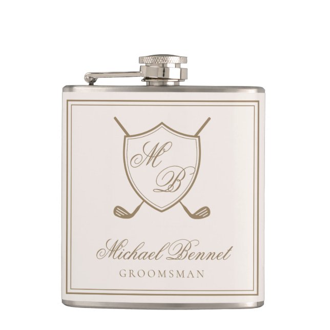 Elegant Classic Crest Monogram Golf Wedding Flask (Front)