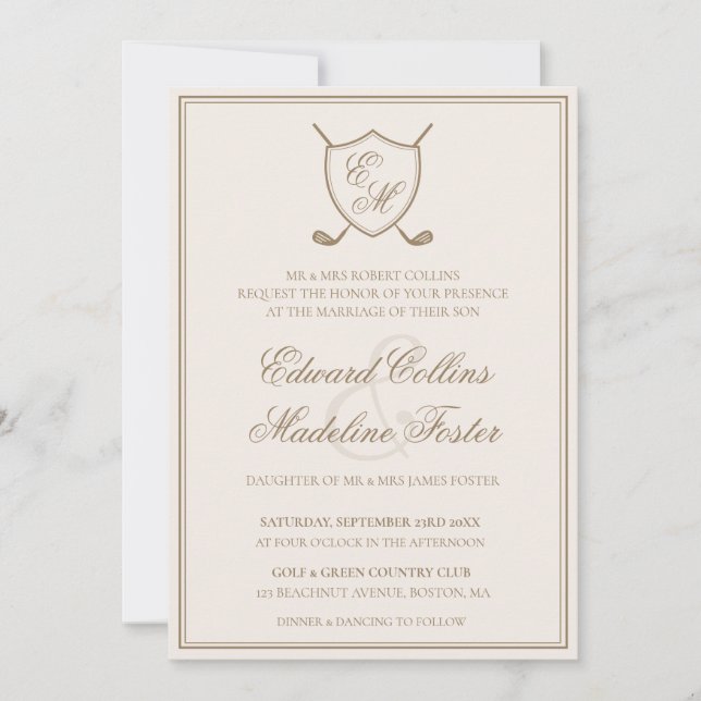 Elegant Classic Crest Monogram Golf Wedding Invitation (Front)