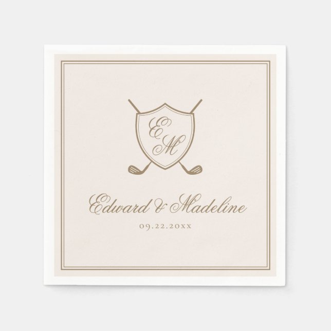 Elegant Classic Crest Monogram Golf Wedding Napkins (Front)