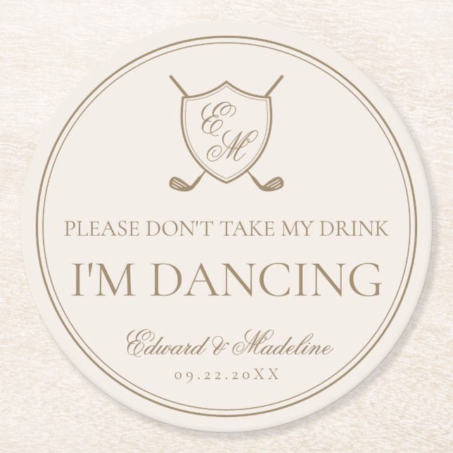 Elegant Classic Crest Monogram Golf Wedding Round Paper Coaster (Front)