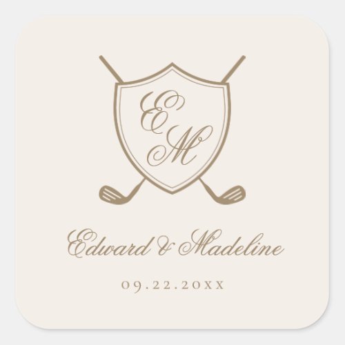 Elegant Classic Crest Monogram Golf Wedding Square Sticker