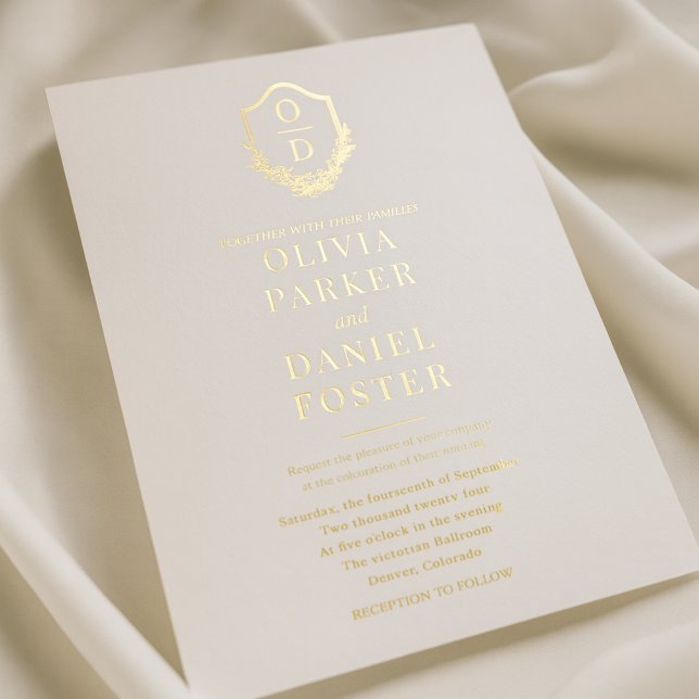 Elegant Classic Crest Monogram Wedding Gold Foil Invitation (Creator Uploaded)