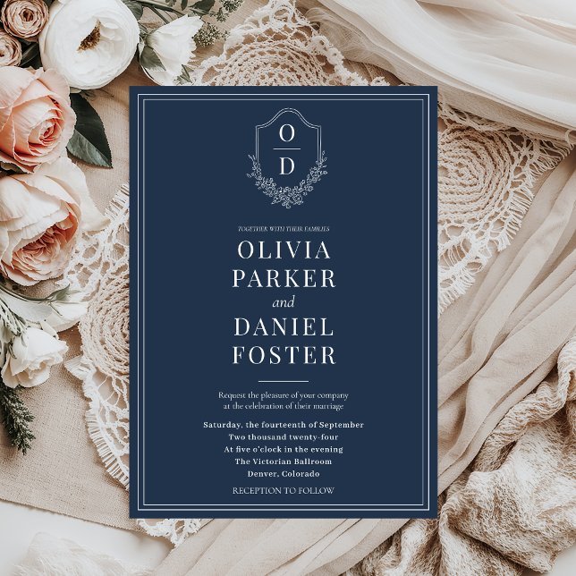 Elegant Classic Crest Navy Blue Wedding Invitation (Creator Uploaded)